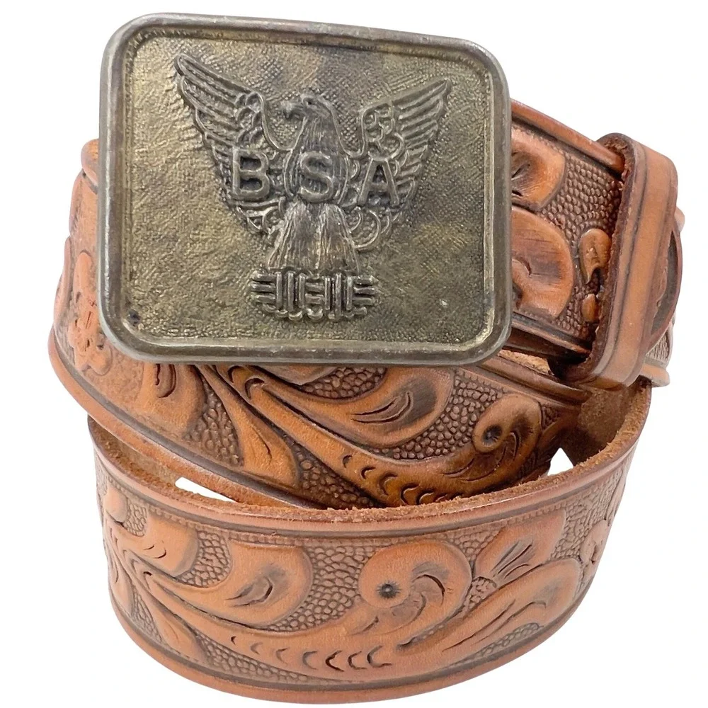 VTG Boy Scouts of America Eagle Scouts Tooled Leather Belt Brass Eagle Buckle 36